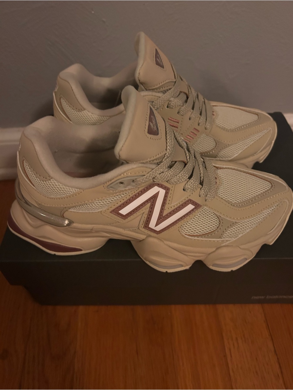 New Balance Women's Tan Mesh & Leather Sneakers with Maroon Accent